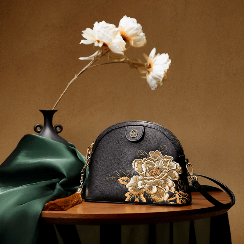 Embroidery Leather Shoulder Bag High Luxury Royal Gold Peony - SinoCultural -- P210079 -