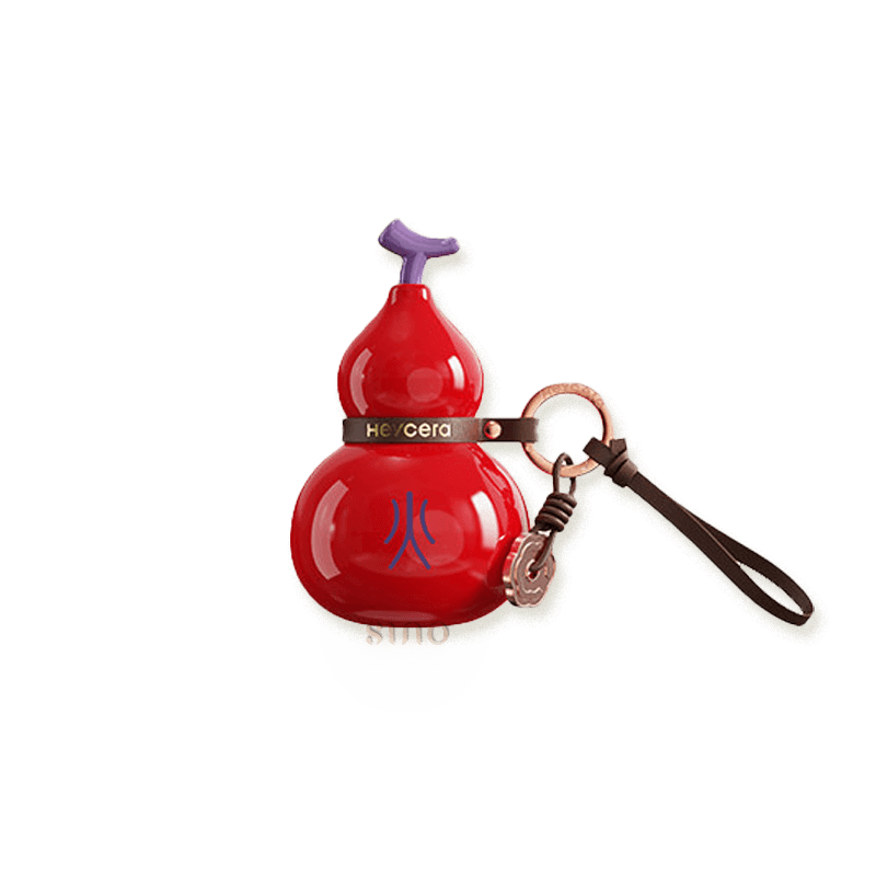 Red Fire element porcelain Hulu bag charm with a glossy finish, Fire symbol, leather strap, and metal key ring.