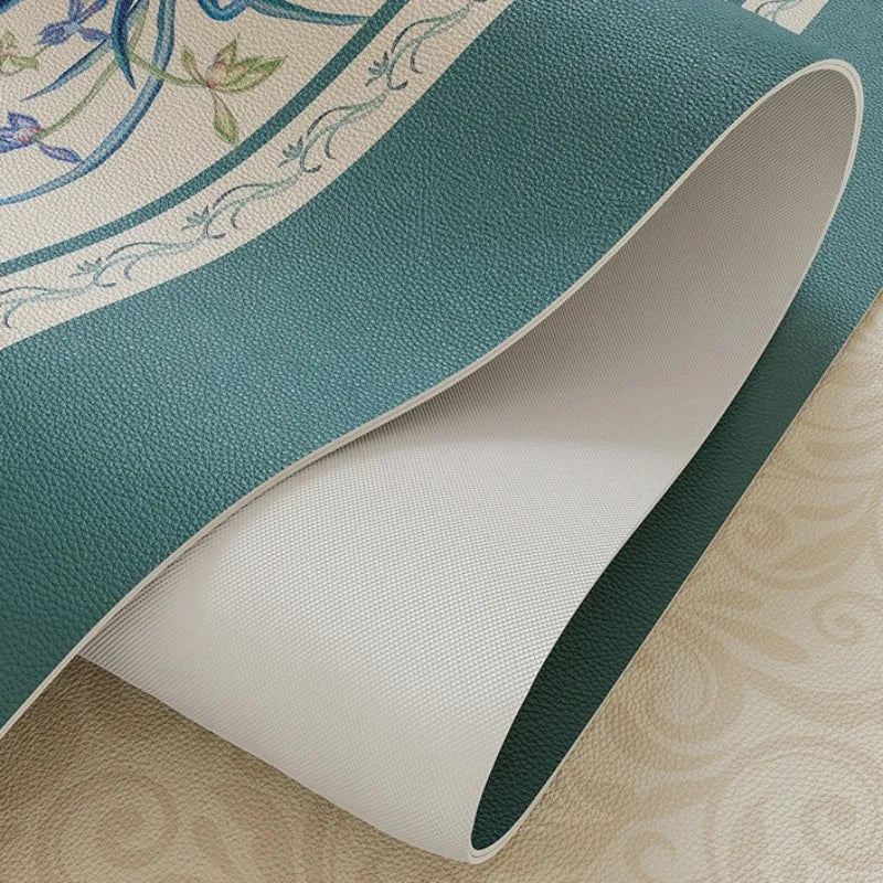 Flexible blue leather coffee table mat with anti-slip backing.