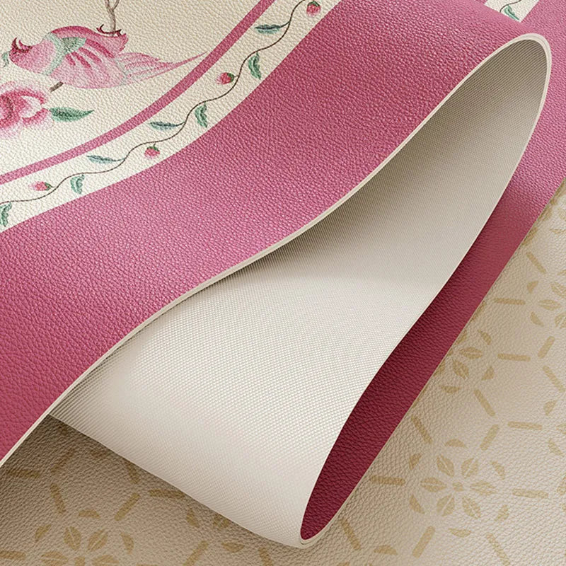 Flexible coral pink leather cabinet mat with anti-slip backing.