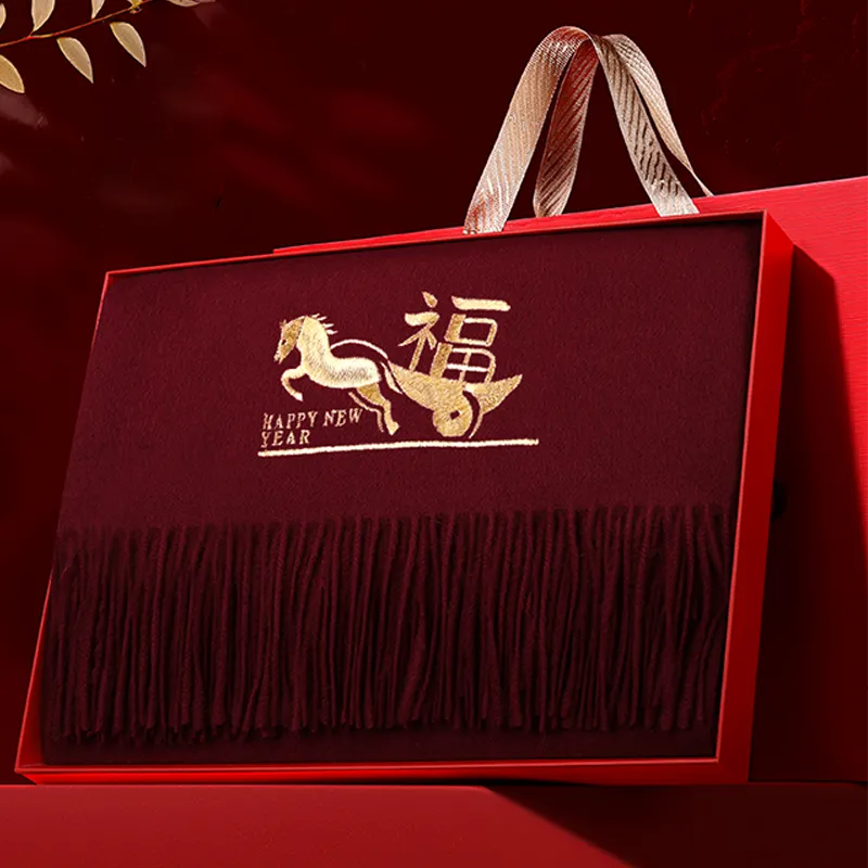 Velvet gift box with gold foil logo for Horse Year cashmere scarf.