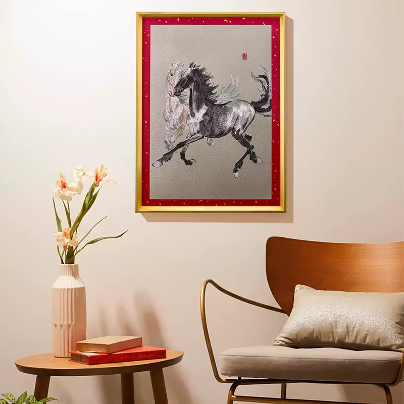 2026 Year of the Horse "Galloping Two Horses" Chinese Art Wall Decor – Displayed in a modern living room setting.