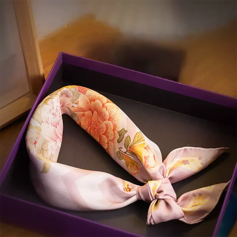 Luxury Nanjing Brocade Garden Butterfly mulberry silk square scarf displayed in a purple gift box, ideal as a silk scarf gift for women.