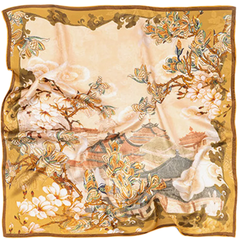 Full view of the gold side of the Luxury Nanjing Brocade Bloom double-sided mulberry silk square scarf with palace flower design.