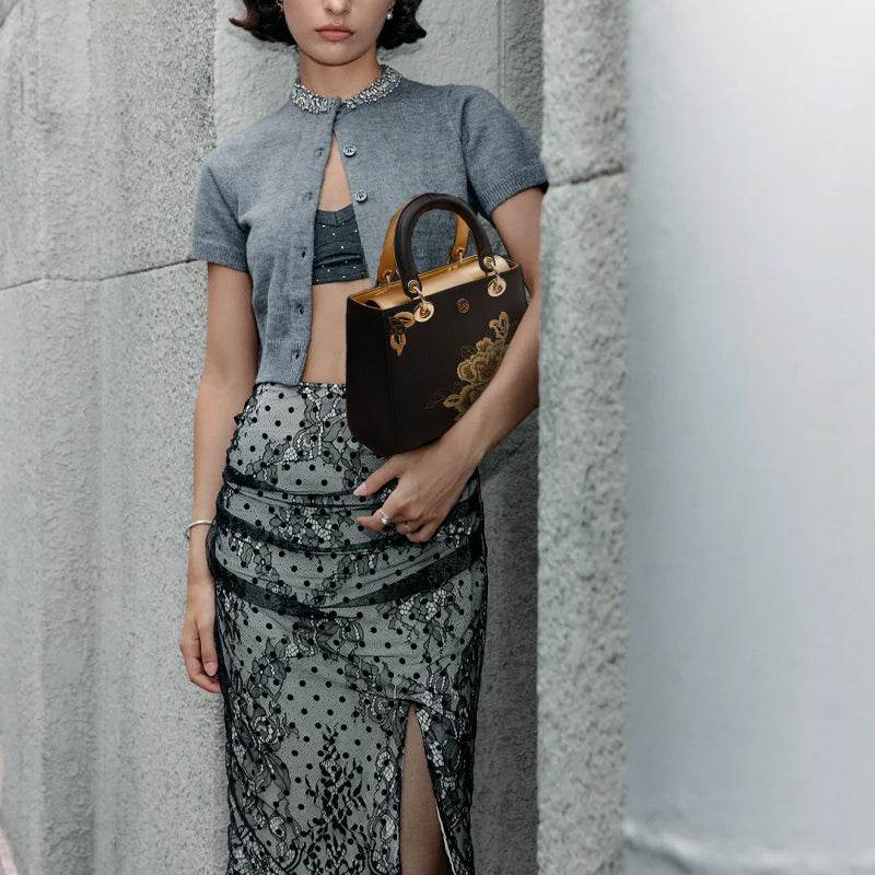 Embroidery Leather Black Lady Bag Gold Peony Luxury Handbag - SinoCultural -- P110146-1