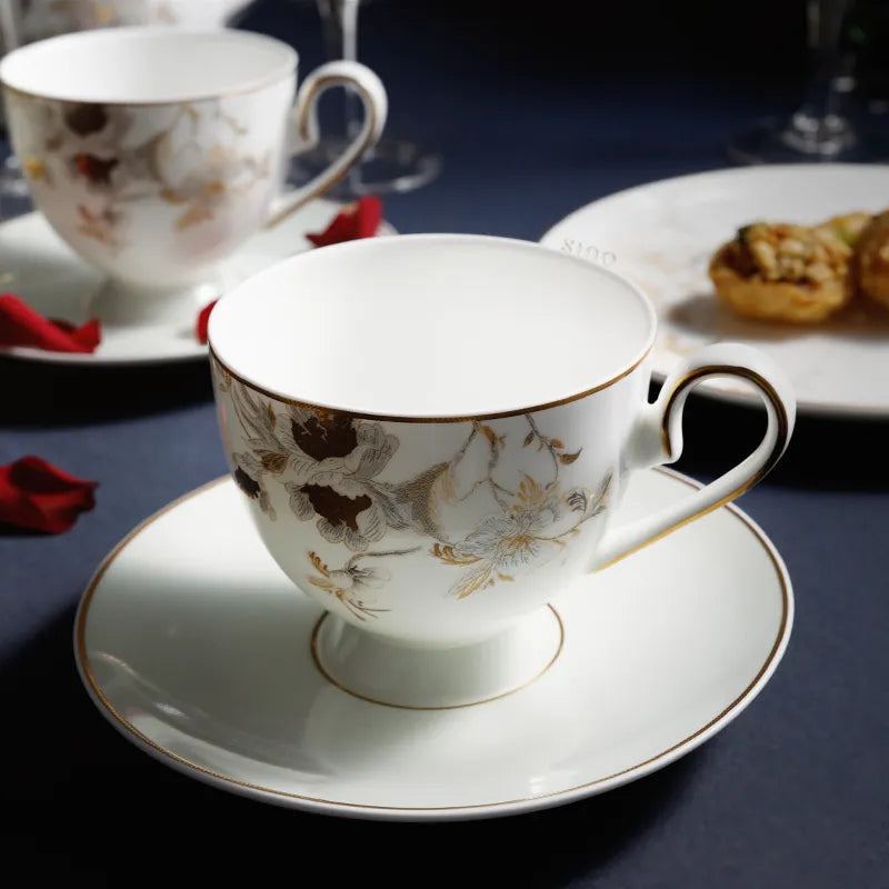 Coffee Cup & Saucer with matching Chinoiserie collection backdrop.
