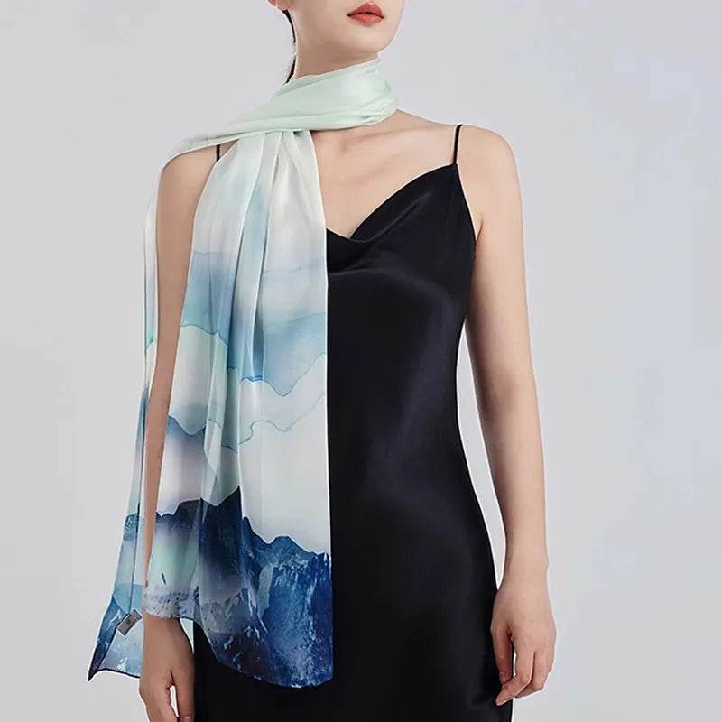 100% Mulberry Silk Ink Wash Landscape Design Long Scarf 180 x 50 Cm - SinoCultural -- LS076-1