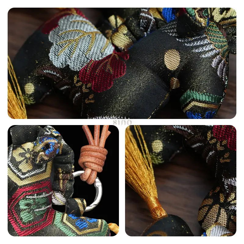 Close-up details of the handmade black Yunjin brocade horse bag charm, showing the woven fabric, knotted leather loop, metal ring, and golden tassel.
