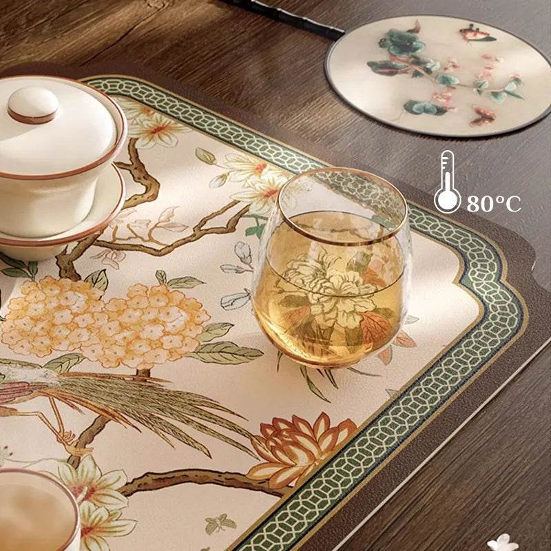 Chinoiserie Tea Table Runner Vintage Leather Mountain Hydrangea Mat - SinoCultural -- TM062C2550