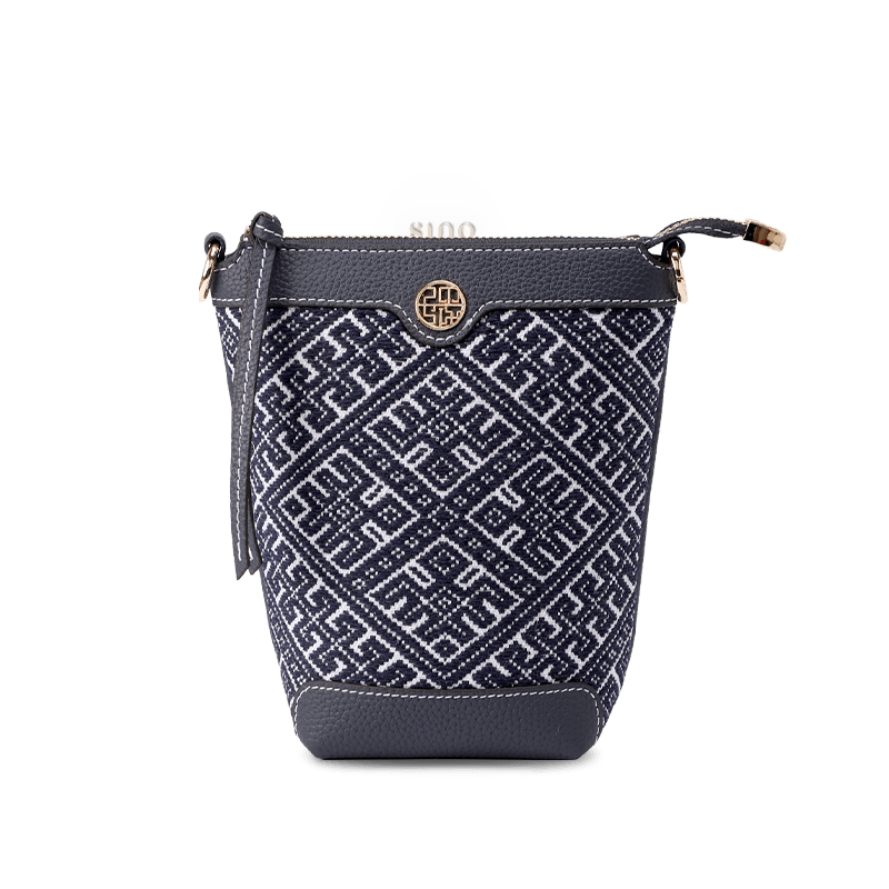 Zhuang Brocade Flying Swallow Motif Embroidered Leather Bucket Crossbody Bag - SinoCultural -- FJ210617