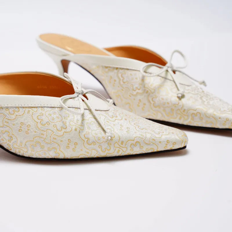 Ivory Song Brocade kitten heels with Chinoiserie-inspired design for elegant everyday and occasion wear.