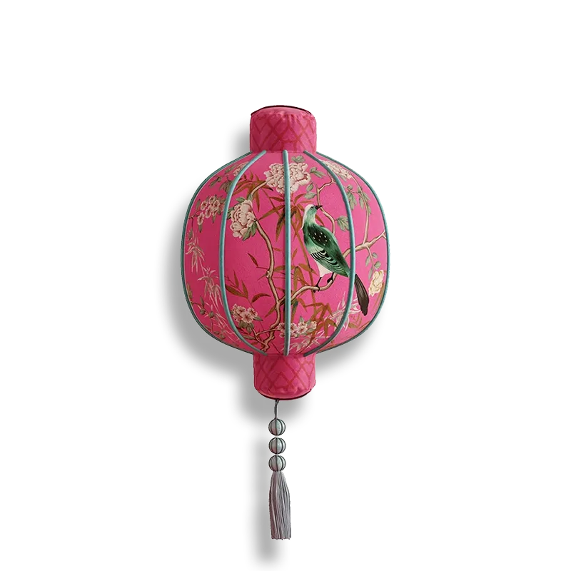 Lantern shape chinoiserie window lattice birds blossoms pillow.