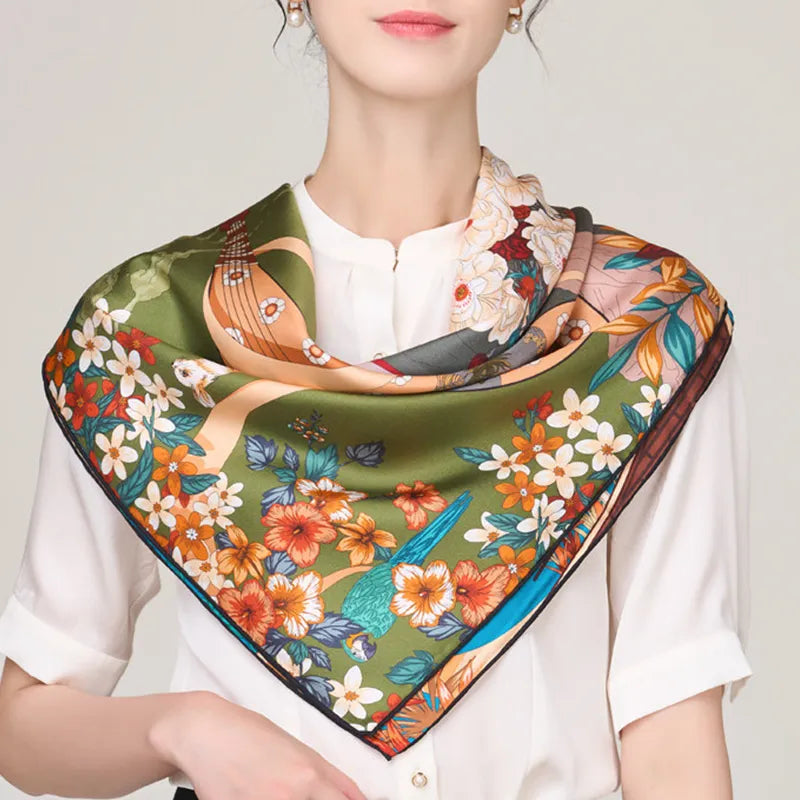 Chinese silk scarf draped in triangle style (light green side).