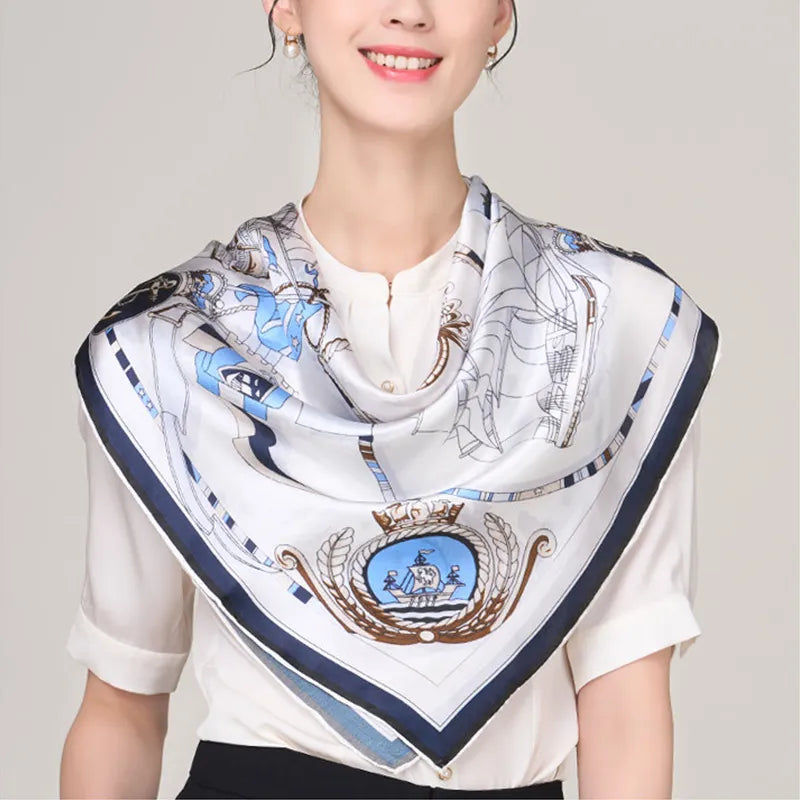 Chinese nautical scarf in reverse triangle drape.