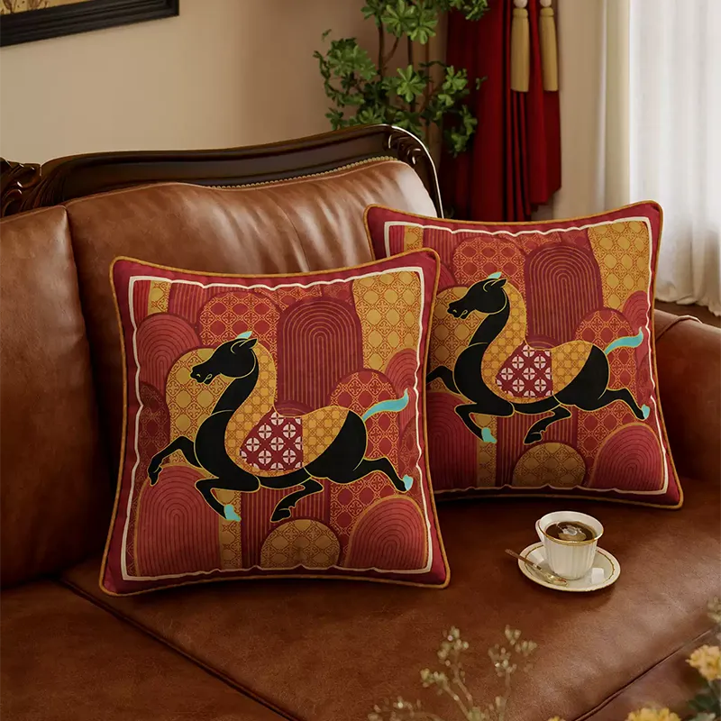 Close-up of chinoiserie horse pillow pair on couch.