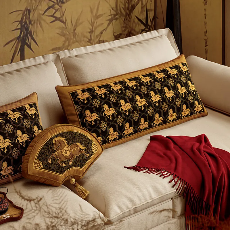 Side view of type C & D horse pillows on sofa.