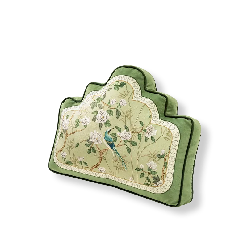 B style backrest-shaped luxury chinoiserie jade green decorative throw pillow on white background.