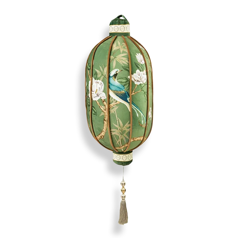 B style lantern-shaped luxury chinoiserie jade green decorative throw pillow on white background.