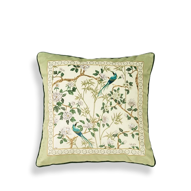 A style luxury chinoiserie jade green throw pillow on white background.