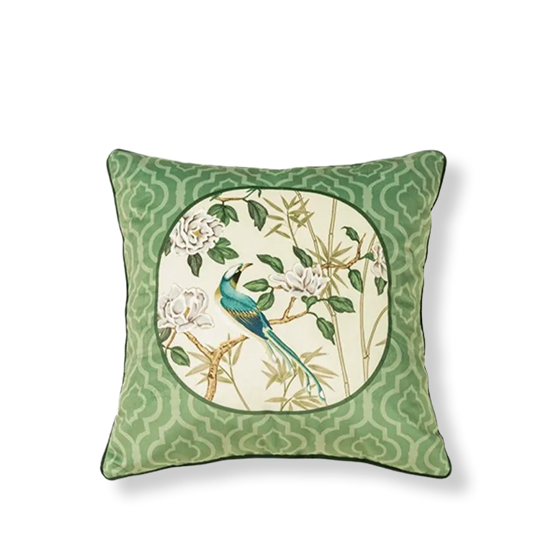 B style luxury chinoiserie jade green throw pillow on white background.