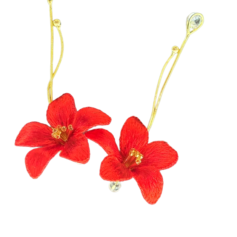 Luxury Chinoiserie kapok flower dangle earrings with red silk embroidery and delicate crystal drops.