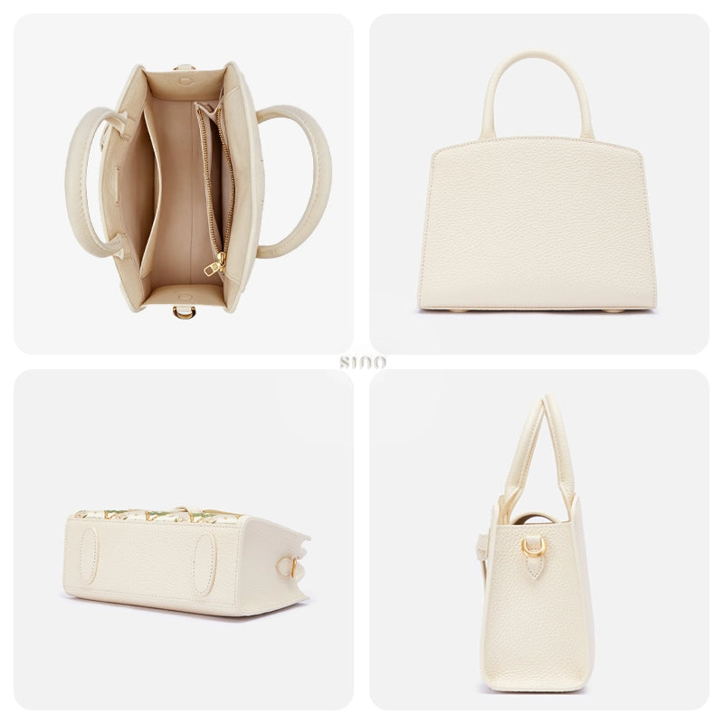 Interior, back, base, and side views of the Luxury Dayun Brocade Verdant Floral Large Leather Top Handle Bag.