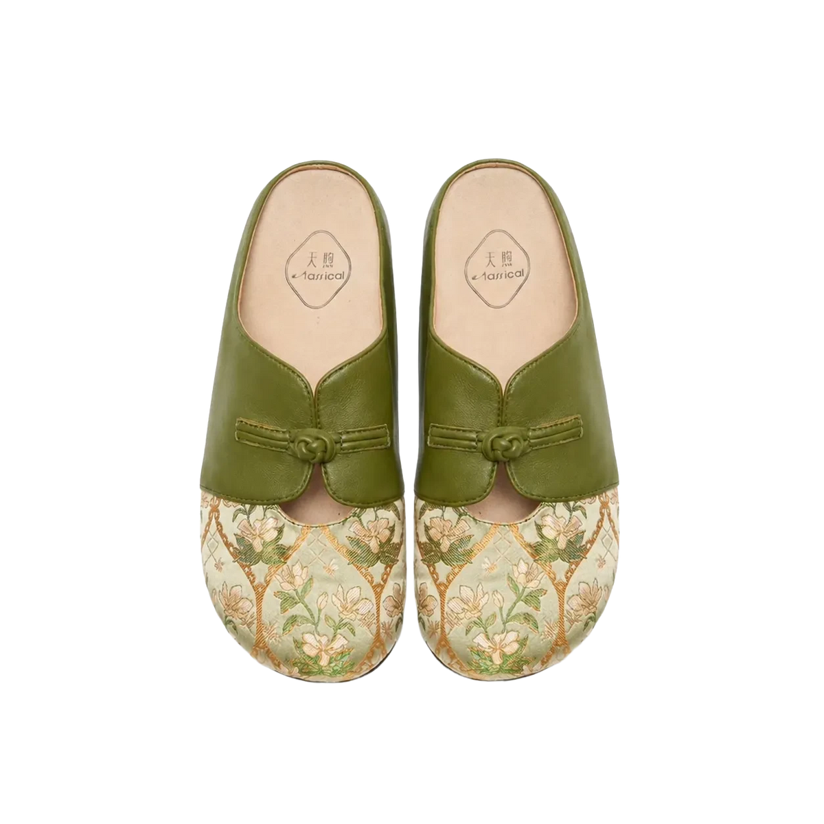 Luxury Dayun Brocade Verdant Floral mules for women, top view showcasing the elegant floral brocade pattern and refined green leather design.