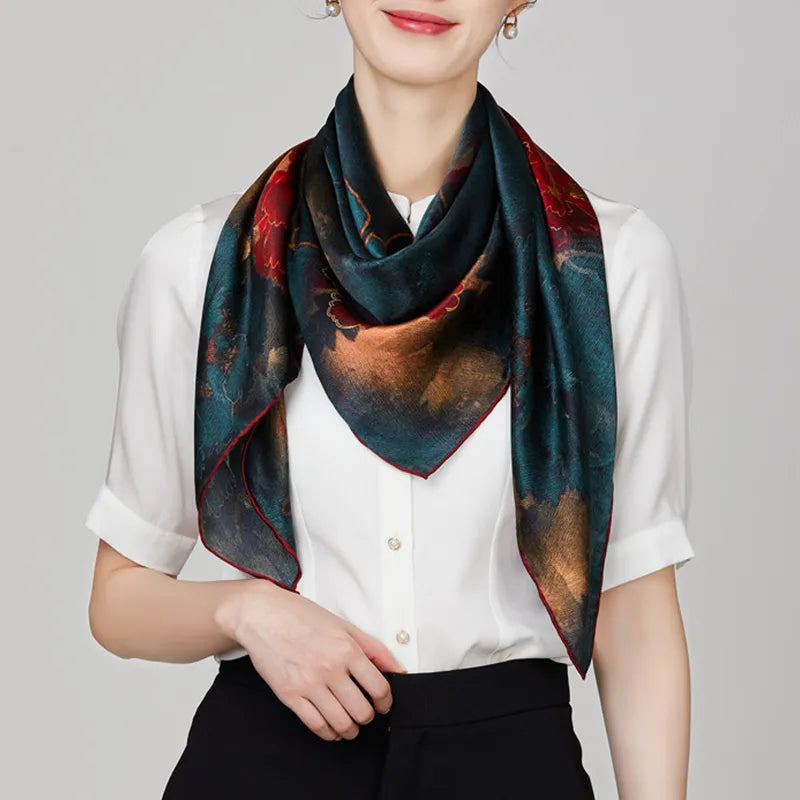 Luxury Mulberry Silk Square Scarf Midnight Peony - Model wearing scarf around neck with ends hanging down.