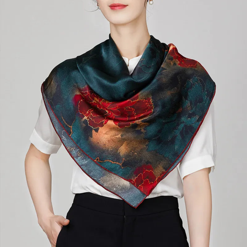 Luxury Mulberry Silk Square Scarf Midnight Peony - Model wearing scarf in triangle drape over shoulders.