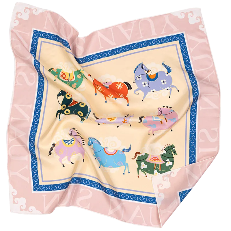 Luxury Nine Horses Print Mulberry Silk Square Scarf | Sinocultural