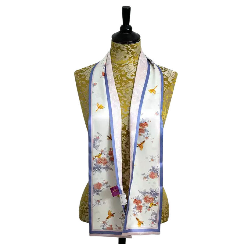 Purple-edge Luxury Nanjing Brocade Peony & Bird mulberry silk square scarf displayed on a mannequin with delicate bird and floral print.