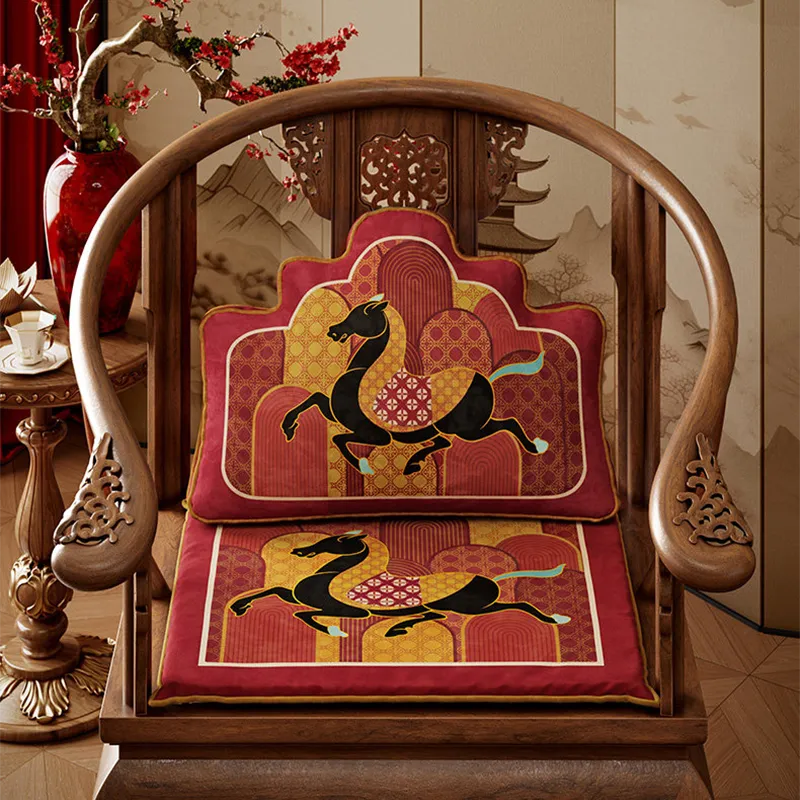 Chinese-style chair with luxury horse motif lumbar pillow.