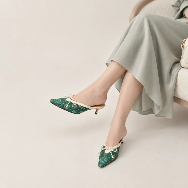 Luxury Shu Brocade Emerald Ruyi kitten heel mules for women featuring traditional Chinese woven textile design.