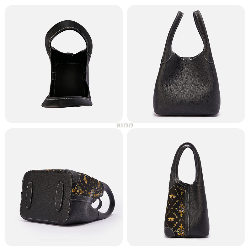 Four-panel detail view of the Luxury Shu Brocade Gilded Jade Leather Basket Tote Bag, showing the interior compartment, back view, reinforced bottom, and side profile.