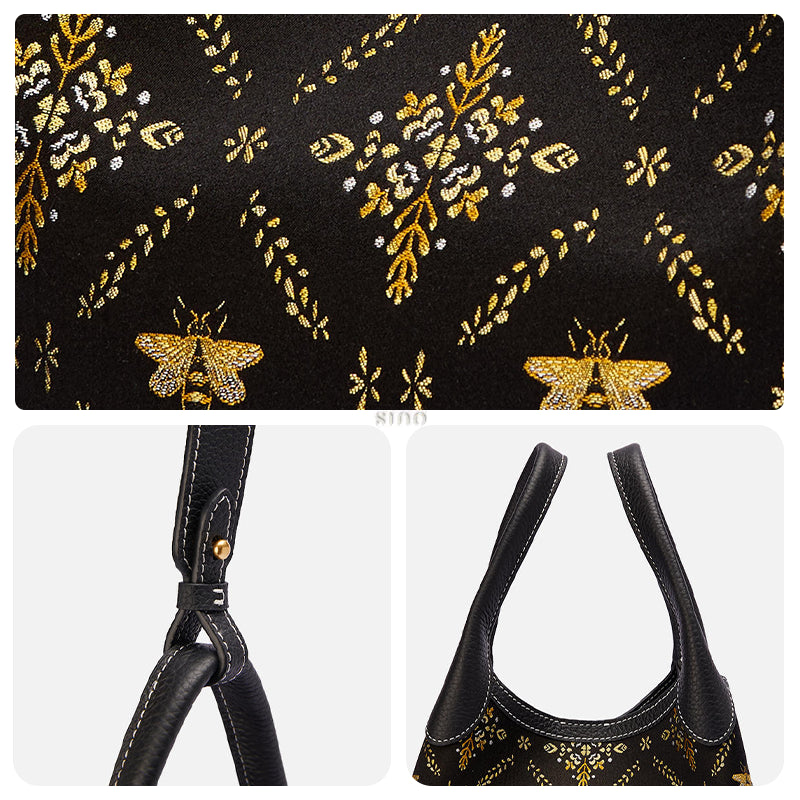 Three-panel detail view of the Luxury Shu Brocade Gilded Jade Leather Basket Tote Bag, showing the gilded bee brocade motif, strap hardware, and soft leather handles.