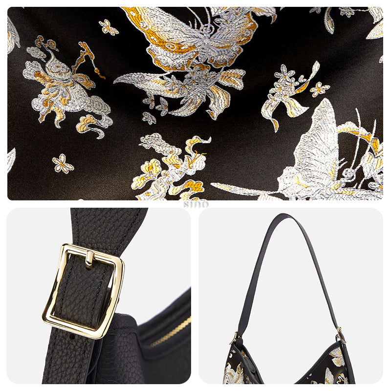 Detail collage of the Luxury Shu Brocade Osmanthus Butterfly Leather Crossbody Bag, featuring the osmanthus butterfly motif close-up, strap buckle, and shoulder strap details.