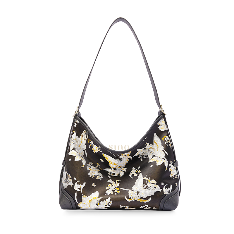 Front view of the Luxury Shu Brocade Osmanthus Butterfly Leather Crossbody Bag, featuring a black Shu brocade body with osmanthus and butterfly motif and black leather trim.