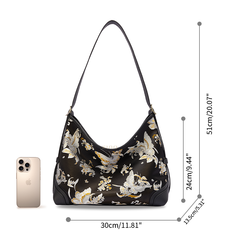 Size reference image of the Luxury Shu Brocade Osmanthus Butterfly Leather Crossbody Bag, shown with a phone and dimensions for scale.
