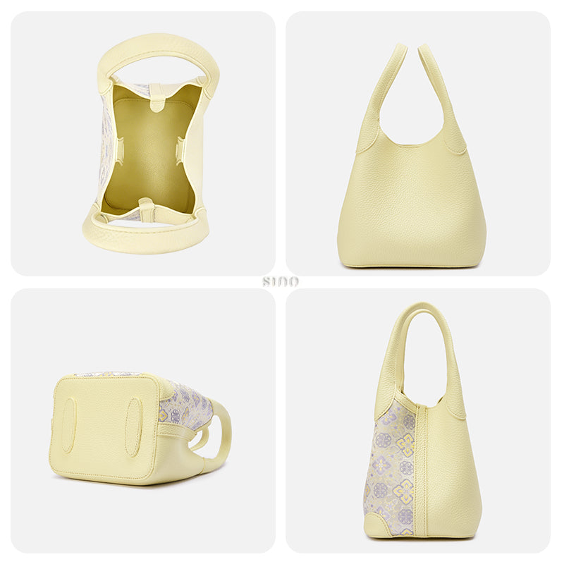 Four-panel detail view of the Luxury Shu Brocade Persimmon Calyx Motif Basket Tote Bag, showing the interior compartment, back view, reinforced bottom, and side profile.
