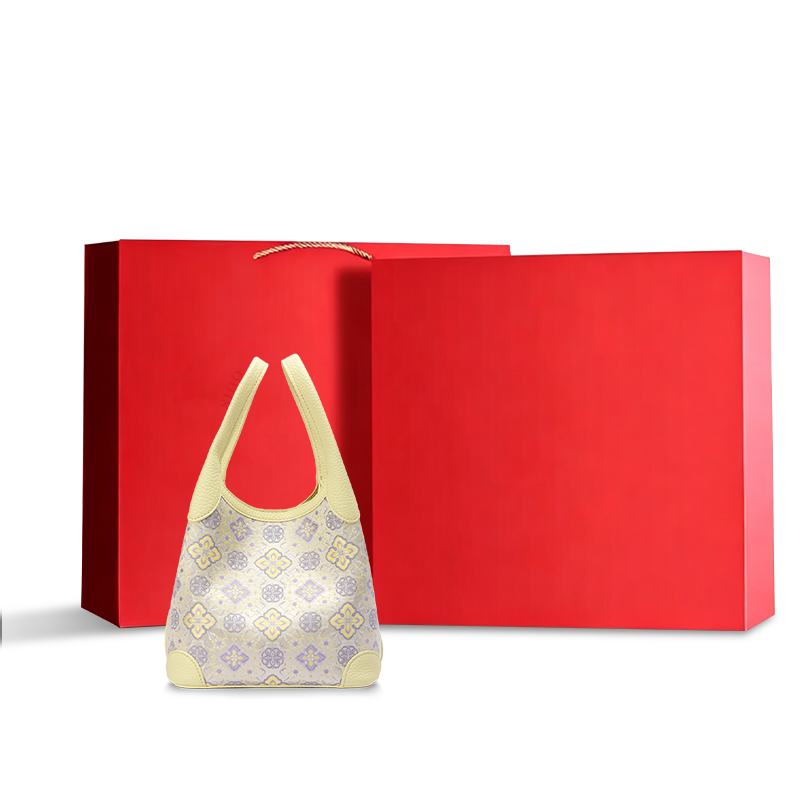 Luxury Shu Brocade Persimmon Calyx Motif Basket Tote Bag displayed with a red gift box, suitable for premium gifting and elegant retail presentation.