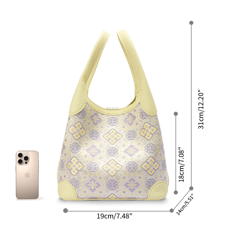 Size reference image of the Luxury Shu Brocade Persimmon Calyx Motif Basket Tote Bag, shown with a phone and dimensions for daily capacity.