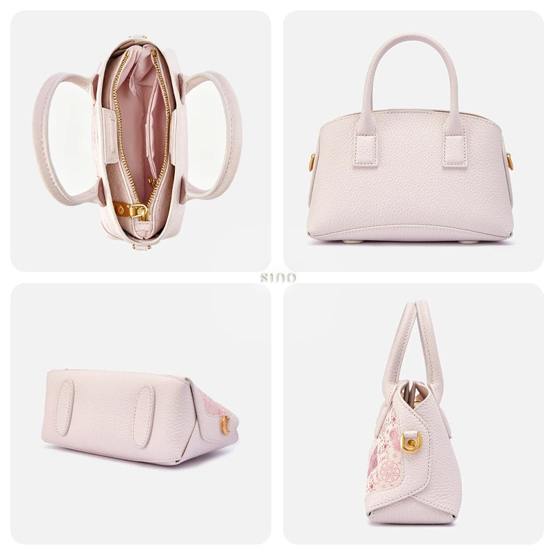 Interior, back, base, and side views of the Luxury Shu Brocade Pink Persimmon Calyx Leather Top Handle Bag.