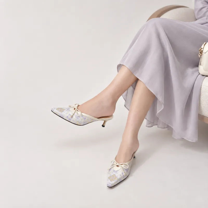 Luxury Shu Brocade Ruyi Fortune kitten heel mules for women featuring Chinese-inspired textile design.