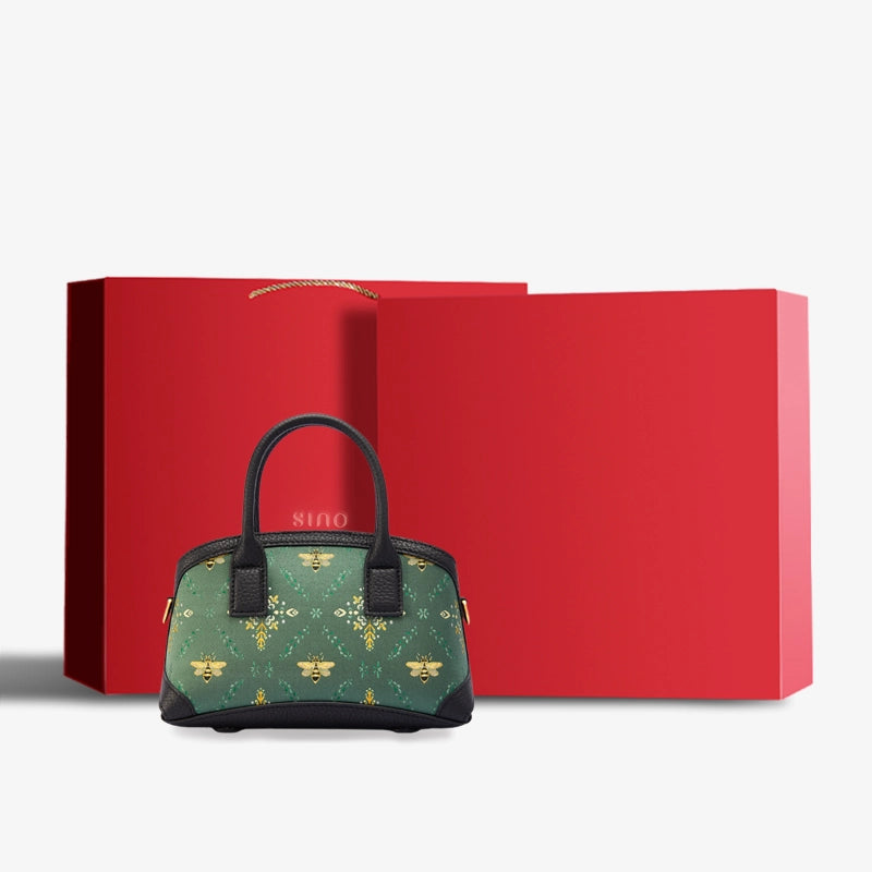 Luxury Shu Brocade Verdant Layers Leather Top Handle Bag displayed with elegant red gift box packaging.