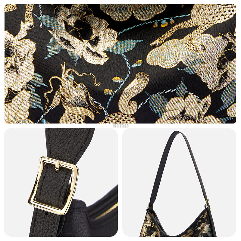 Detail collage of the Luxury Song Brocade Black Gold Qilin Peony Leather Crossbody Bag, featuring the black gold qilin and peony motif, strap buckle, and shoulder strap details.
