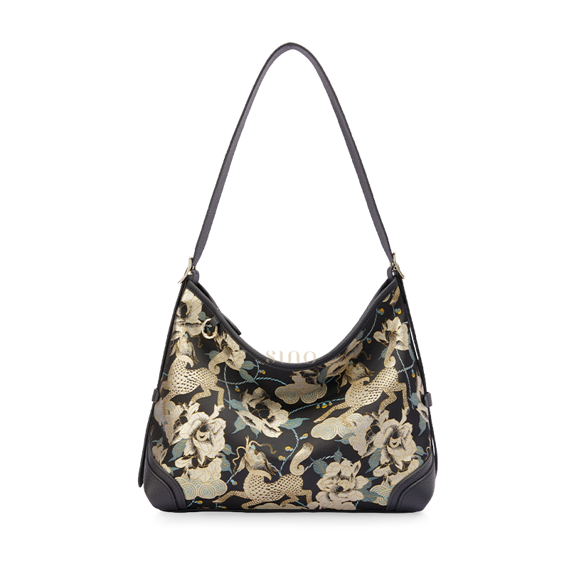 Front view of the Luxury Song Brocade Black Gold Qilin Peony Leather Crossbody Bag, featuring the black gold qilin and peony motif with black leather trim.