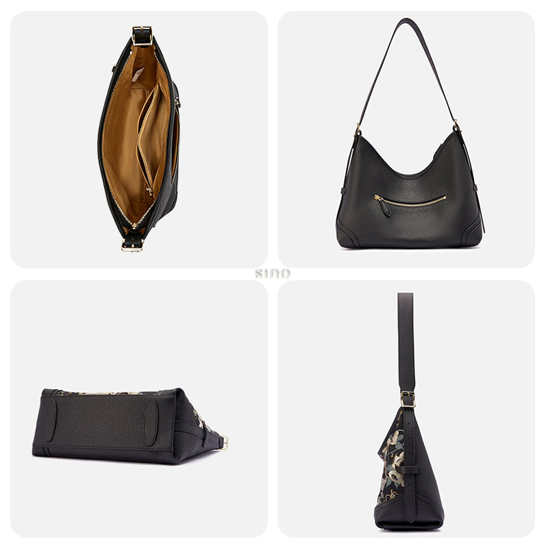 Interior and multi-angle view collage of the Luxury Song Brocade Black Gold Qilin Peony Leather Crossbody Bag, including inner compartments, back view, bottom view, and side profile.