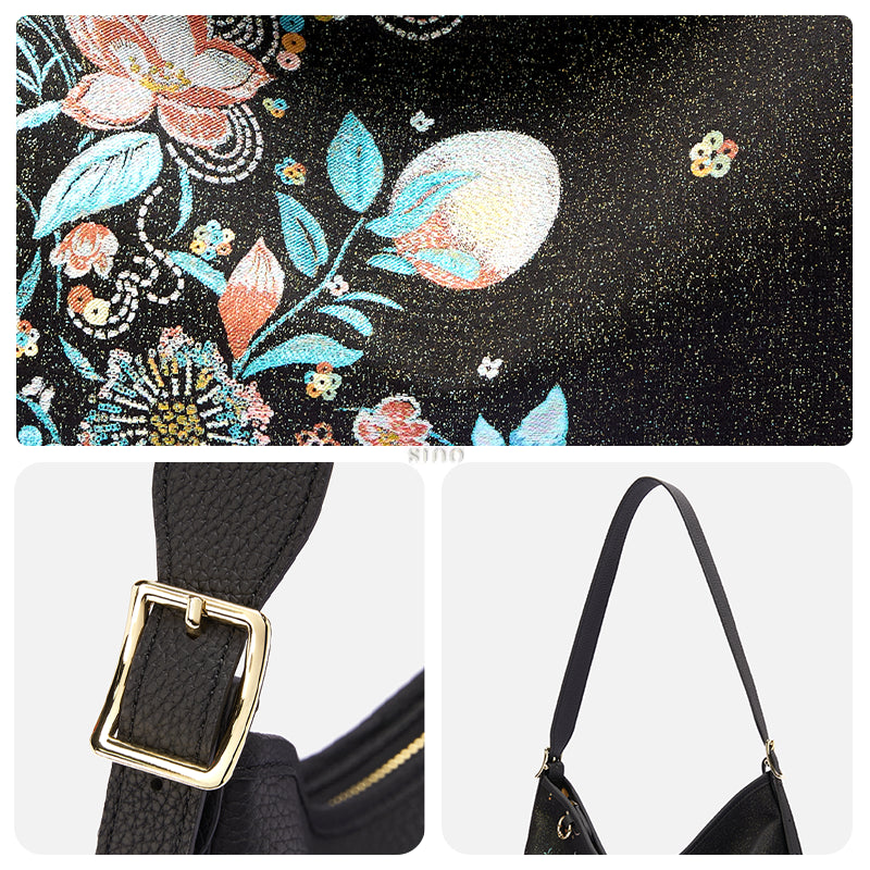 Detail collage of the Luxury Song Brocade Blooming Flowers Leather Crossbody Bag, featuring the blooming flowers motif, strap buckle, and shoulder strap details.
