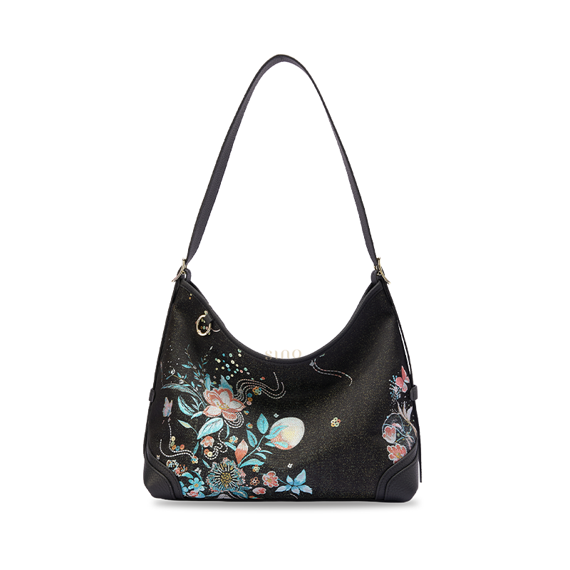Front view of the Luxury Song Brocade Blooming Flowers Leather Crossbody Bag, featuring the black Song brocade body with blooming flowers motif and black leather trim.