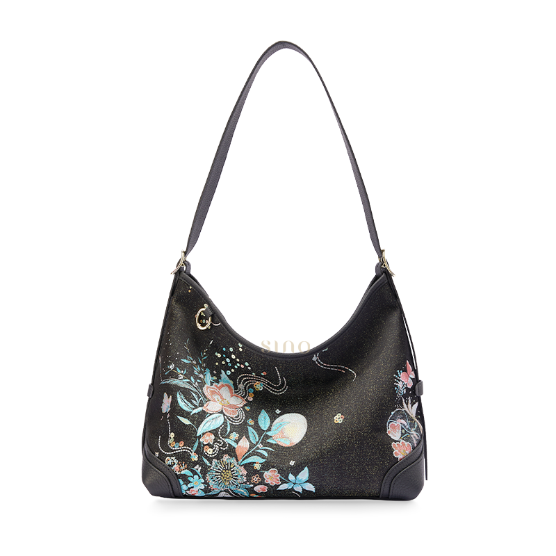 Front view of the Luxury Song Brocade Blooming Flowers Leather Crossbody Bag, featuring the black Song brocade body with blooming flowers motif and black leather trim.